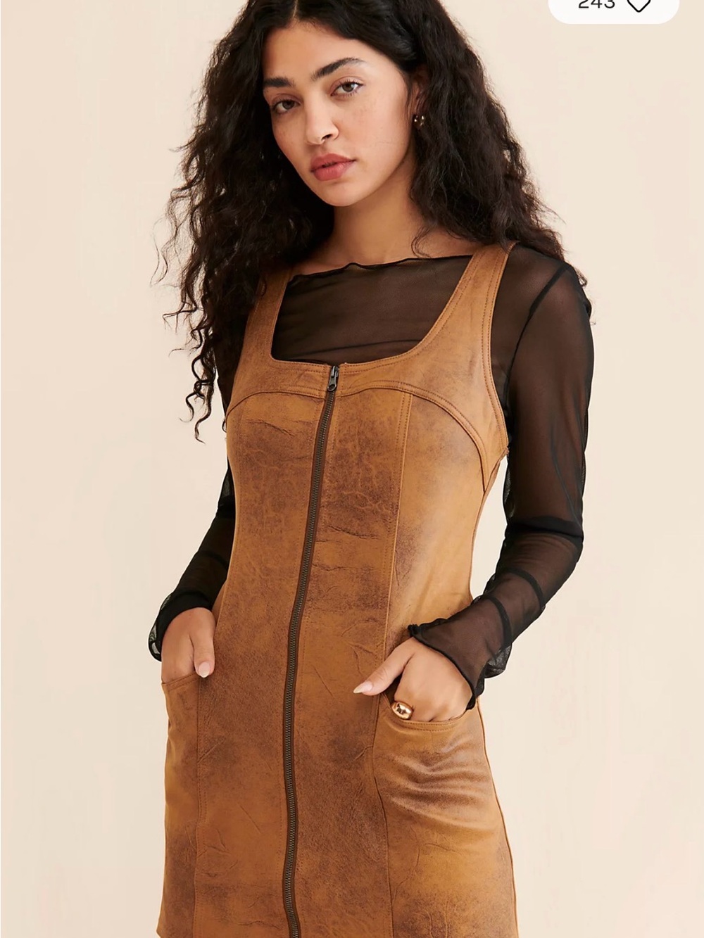 Free People Western Wind Mini Dress Vegan-Leather Brown Front Zipper Large